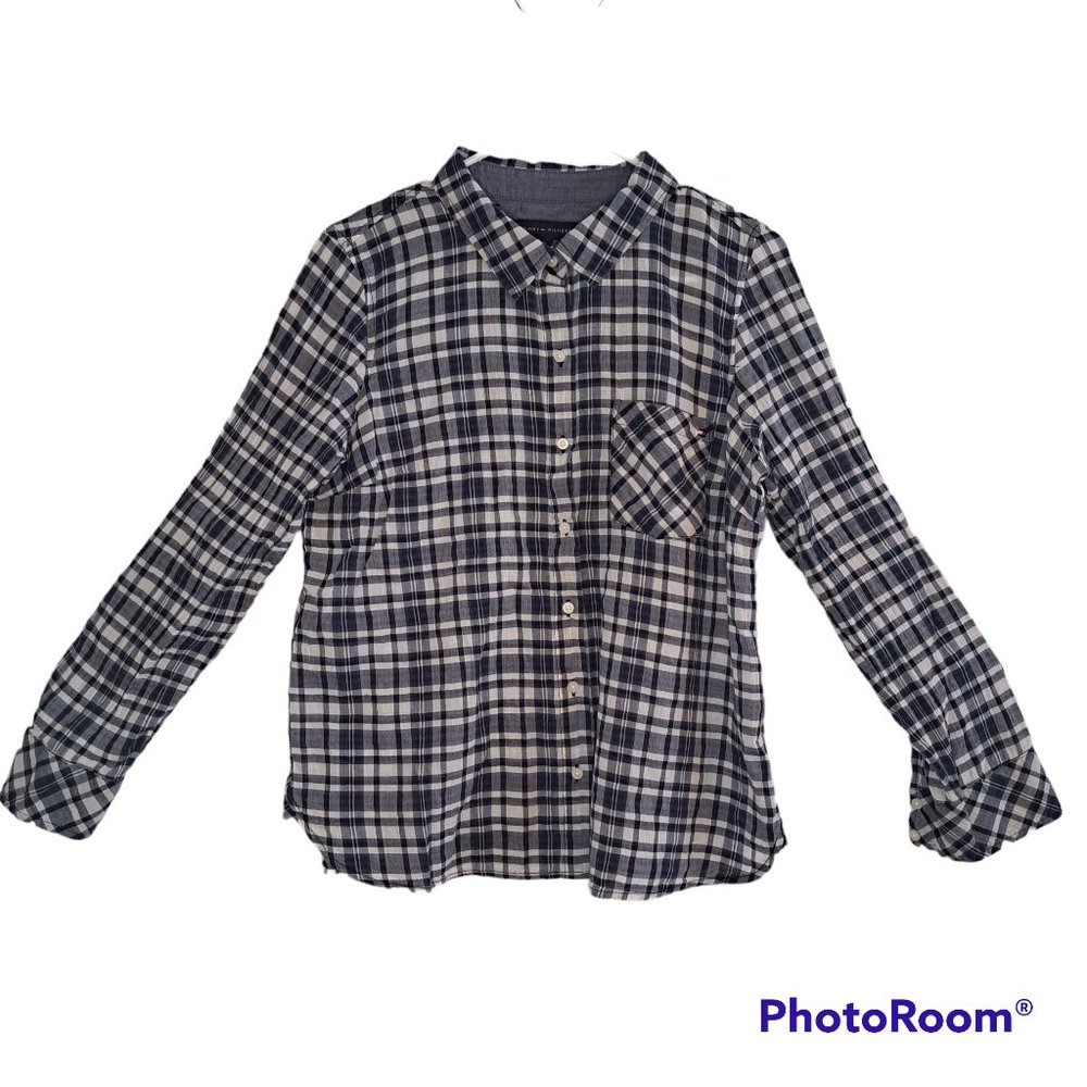Tommy Hilfiger Blue White Lightweight Plaid Button-Up Shirt Size Large - Picture 1 of 5